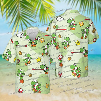 Yoshi Super Mario Bros Button Up Hawaiian Shirt Men's Beach Causal Short Sleeve Shirt Hawaiian Shirt Summer Men's Vacation Shirt