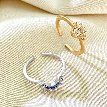FTCY Adjustable Sparkling Moon Sun Star Ring for Women Couple Elegant Finger Ring Wedding Party Jewelry Gifts Accessories