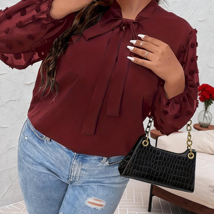 Plus Size Spring Autumn Women Elegant Bow Tie Neck Shirt Office Lady Fashion Solid Curve Clothing Casual Long Sleeve Tops