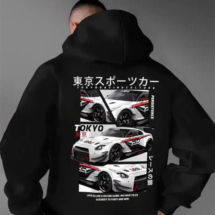 Men's new fashionable car printed casual street style hooded sweatshirt, sports shirt, warm and comfortable top