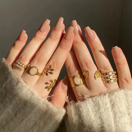 Dark Brown Flowers 24 Pcs Press-on Nails Pink Nail Polish Glossy Artificial Finger Manicure Reusable False Nails