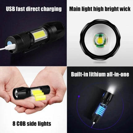 Mini LED Flashlight COB+XPE Portable Torch USB Charging Camping Lantern Zoomable Focus Light Tactical Flashlight with Pen Clip