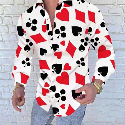 3D printed poker print, high-quality and comfortable men's boutique fashion long-sleeved shirt, trendy printed men's shirt