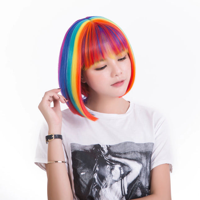 Anxin Brand Synthetic Fiber Wig: Rainbow Gradient Bangs Bob Short Hair Style, with Smooth and Shiny Hair Strands, Eye-Catching Color-Blocking Design; Made from High-Quality Synthetic Fiber Material, Comfortable to Wear and Ea