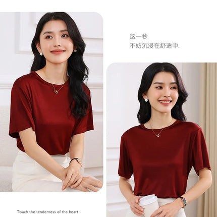 Summer Women's Short Sleeve O-Neck T-Shirt Knitted Acetate Fabric High-End Thin Pullover Top for Ladies
