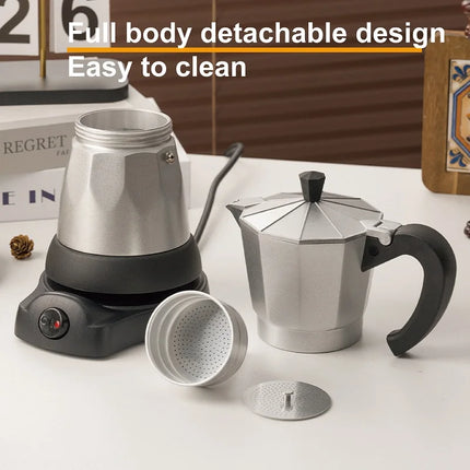 110V/220V Electric Coffee Maker Portable 300ml/3Cups Aluminum Mocha Pot Electric Italian Coffee Maker Percolator for Home Silver