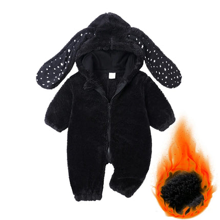 Baby Plush Rompers Winter Toddler Warm Polar Fleece Outfits Newborn Long Sleeve Bunny Ear Hooded Zipper Closure Jumpsuits