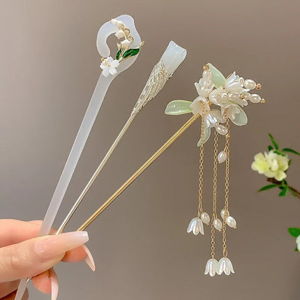 Retro Tassel Pearl Rhinestone Hair Stick Chinese Style Hairpin for Women Wedding Hair Accessories Charm Metal Hairpins Jewelry