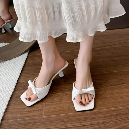 Designer Women Square Toe High Heel Slippers Fashion Butterfly-knot Dress Shoes Summer Stripper Mules Slides Zapatos De Mujer