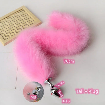 Anal Sex Toys of Long Pink Faux Fur Fox Tail with Stainless Steel Metal Butt Plug for Fetish Fantasy Flirting Adult Supplies
