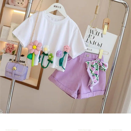 Children's T-Shirts Three-dimensional Flower Decoration Short Sleeve Kids Clothes for 3 To 13 Years Girls Tshirts