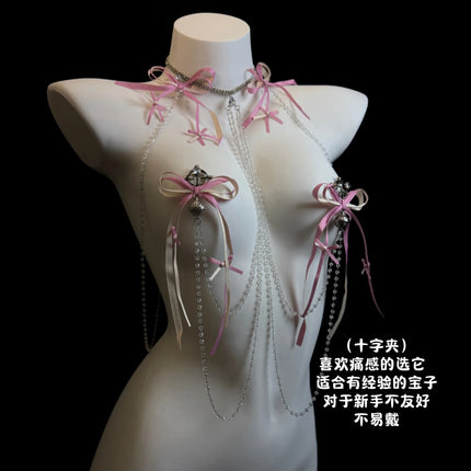 New Pink Tassel Bow Nipple Clips Bell Body Chains Erotic Accessories Detachable One-Piece Necklace Fetish Adult Sex Toys Breast