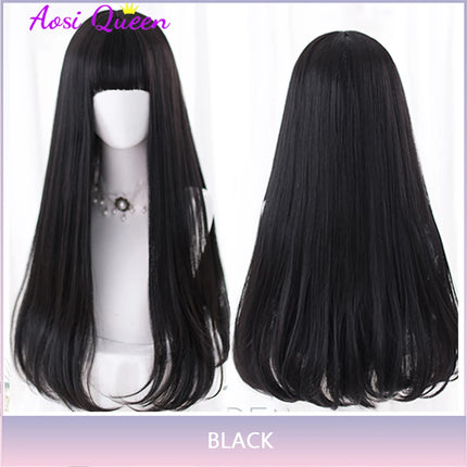 AS Long Straight Black Synthetic Wig For Woman With Bangs Black Cosplay Lolita Wigs Heat Resistant Natural Hair