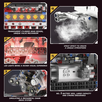 1610 pcs V12 Engine Building Blocks Assembly Model Set - APP remote control programmable MOC Kit with lights and spray