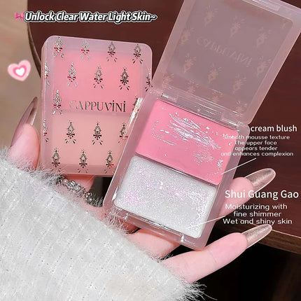 Cappuvini Double Water Glow Blush Cream Hydrating Blusher with Fine Shimmer Natural Makeup Effect Blush Palette