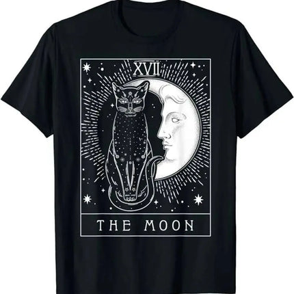 New Stylish Tarot Card and Crescent Moon Cat Pattern Hip-hop T-shirt for Women. Graphic T-Shirts Summer Streetwear Fashion Y2K