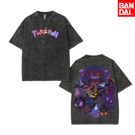 Pokemon Gengar T Shirt Men 2026 Summer Vintage Acid Wash Oversized Tee Japanese Anime Streetwear Hip Hop Harajuku Y2k