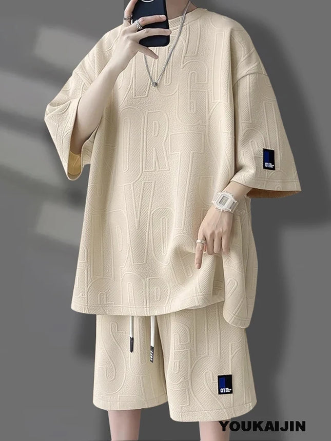 Men's Korean Summer Suit Korean Casual T-shirt + Shorts Set Men's Tracksuit Solid Color Tracksuit Loose Set Plus Size 5XL