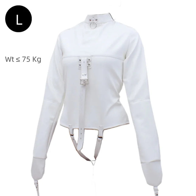 Luxury BDSM Long Sleeve Open Crotch Straitjacket with Full Face Bondage Hood Harness Adult Costume for Fetish Party Sex Toys