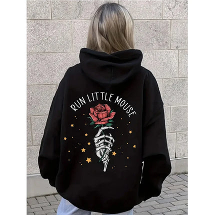 Women's Funny Rose Skull Kangaroo Hand Drawstring Hoodies Fall Winter Long Sleeve Sweatshirts Graphic Streetwear Women Clothing