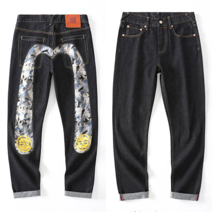 Japanese Handmade Embroidered Jeans Men's Pure Cotton Straight Tube Hip-Hop Popular Slim Red Ears Show Thin Trousers Devil Big M
