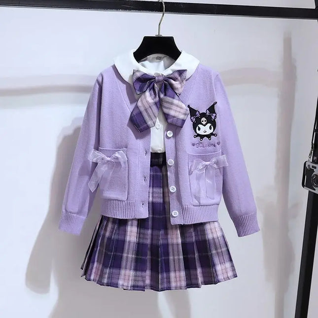 New Sanrio Cute Kuromi My Melody Cardigan Jacket Long Sleeve Shirt Pleated Skirt Preppy Style Jacket Three Piece Set Wholesale