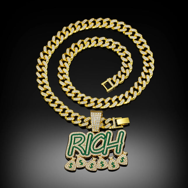 Hip Hop Men Women Become Rich Money Bag Pendant Necklace，With 13mm Miami Cuban Link Chain Necklaces Trendy Dollar Sign Neck Wear