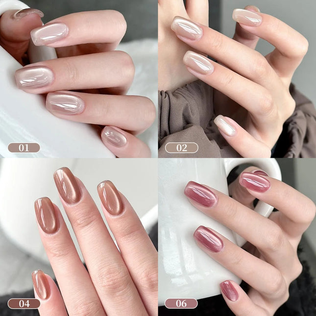 6pcs Nails Gel Glass Bead Cat Eye Gel Nail Polish New Style Sparkling Milk Tea Crystal Cat Eye Nail Art Nail Supplies