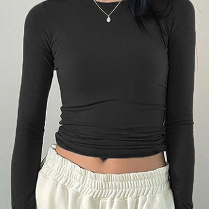 Women Casual Slim Fit Long Sleeve O-Neck T-shirts Tops Spring Fall Solid Color Tees with Thumb Holes Streetwear