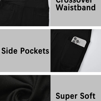 Women's Super Soft Crossover High Waisted Capri Pants With Pockets Tummy Control No See Through Workout Yoga Running Leggings