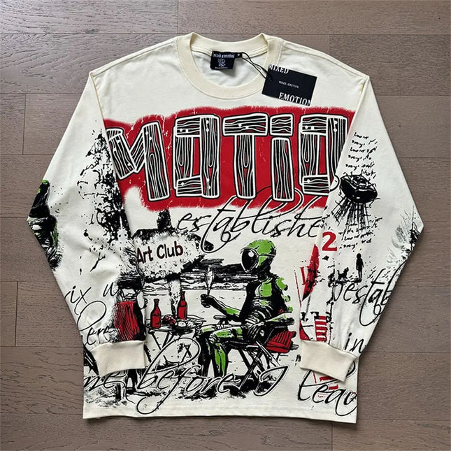 2026 New MIXED EMOTION Long Sleeve T-shirt Men Women High Street Full Print Best Quality Crewneck Hip Hop Oversized Tops