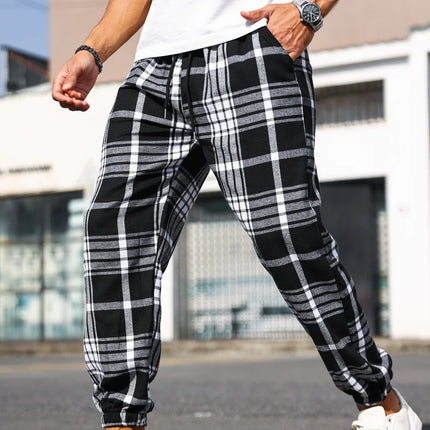 Men's Plaid Print Cuffed Casual Trousers Comfortable Sleepwear Pajamas Pants for Relaxed Style