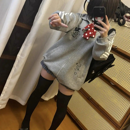 Preppy Style Fashion Cute Japanese Zip Up Cardigan Harajuku Punk Grunge Loose Turn Down Collar Y2k Hoodies Casual Sweatshirts