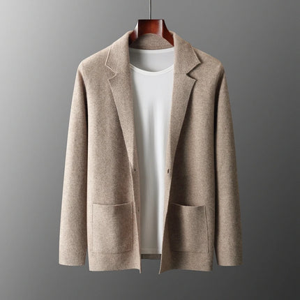 100% Merino Wool Sweater Men's Suit Collar Cardigan Pants Set Smart Casual Knitwear Autumn Winter Solid Coat Top Knit Trousers