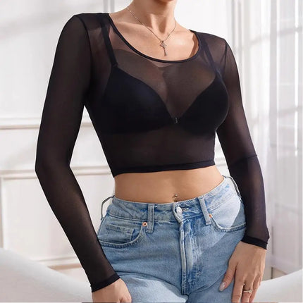 Sexy Women T Shirt See Through Mesh Tops Transparent Sheer Slim Ladies Tee Tops Sunscreen Tops Long Sleeve Bottoming Shirts