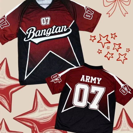 Kpop BTS Bangtan ARMY 07 Red Black Gradient Star Print Mesh Jersey Short Sleeve Streetwear Top for Men Women Family Matching
