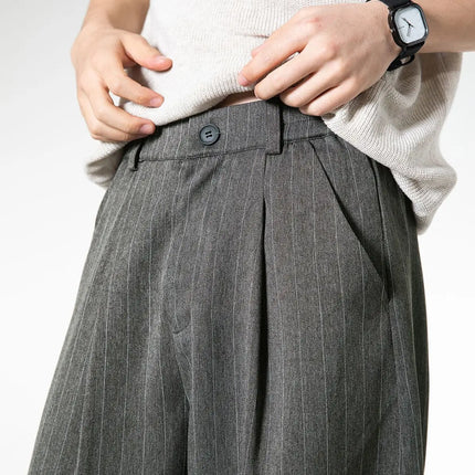 Retro Striped Drape Trousers for Men Loose-Fit Old Money Style Casual Trousers Straight-Leg Long Trousers