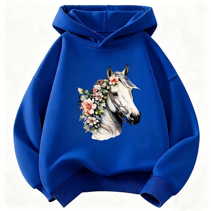 Fashion Horse with Flower Design Hoodie Kids Kawaii Children's Sweatshirt Hoody for Boys Girls Casual Hoodies Hip Hop Clothes