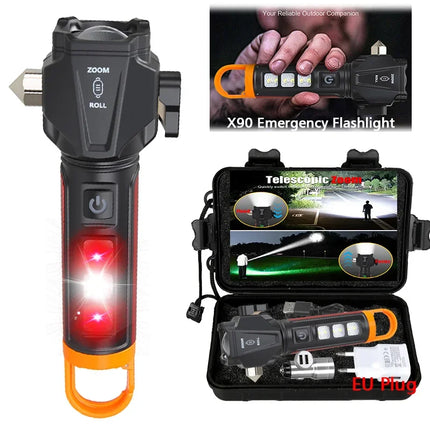 5-in-1 Tactica lLED Flashlight w/ Safety Hammer & Seatbelt Cutter, SOS Strobe,Rechargeable Survival Gear for Outdoor EDC Defense