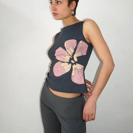 Women's Flower Print Crop Tank Top Fitted Boat Neck Sleeveless Summer Top for Party Club 2025 New Fashion