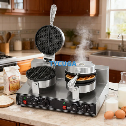 185mm Nonstick Plate Double Head Electric Waffle Maker Cake Baking Machine Round Gofreras Kitchen Home Commercial Appliance Use
