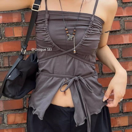 Korean Sle Unique Belted Design Slimming Versatile Split Front Strapl Top Women's Summer Faion Commute Straight Cut Vest