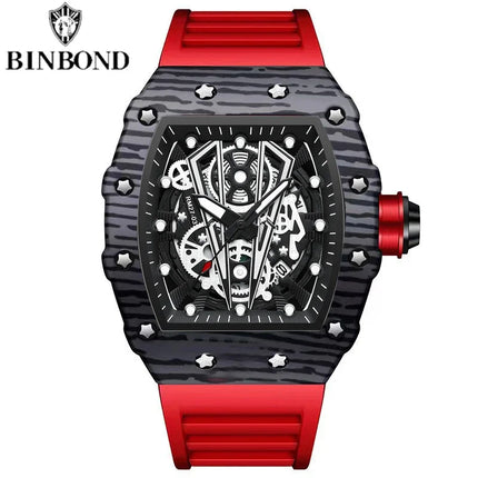 BINBOND Brand Men Watch Domineering Barrel Watch Curved Mirror Hollow Surface Sports Men Watch Silicone Quartz Wristwatch B8577
