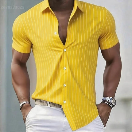 Men's Shirt Striped Slim Fit Short Sleeve Shirt, Breathable Lapel Button Fashion Hawaiian Shirt, Comfortable Fabric XS-6XL
