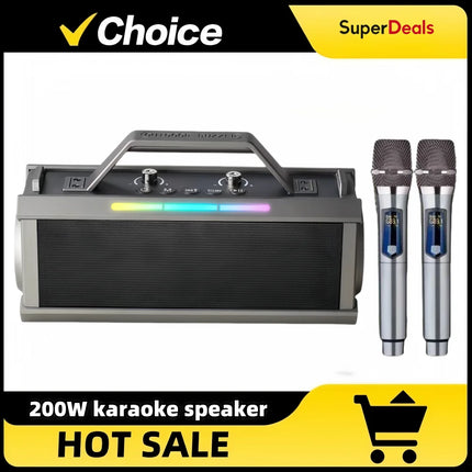 200W Powerful Voice Amplifier with 2 Wireless Microphones, Big Pro Sound Speaker,  Karaoke Machine Support BT/USB/TF Card/Aux
