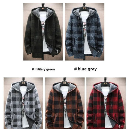 2023 Autumn/winter Fleece-lined Trendy Color Block Versatile Hooded Men's Cardigan Youth Outerwear Knitted Top For Men