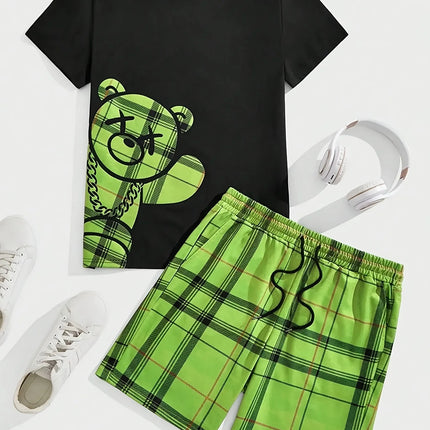 2026 Summer Casual Short-Sleeve Fashionable Breathable Sports Set Loose-Fit Quick-Dry Men's Short-Sleeve Hip-Hop Bear Print Set