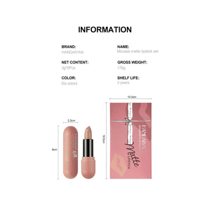 Matte Lipstick Set 6 Colors Velvet Texture Long Lasting Non Drying Lip Makeup Women Gift Box