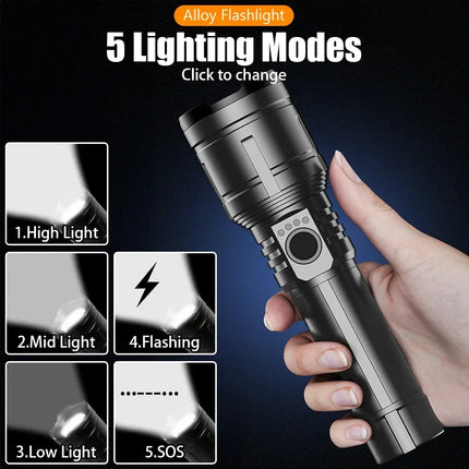 Flashlight Lighter & Power Bank Combo,Rechargeable,Zoomable Super Bright Beam,5 Modes Flashlight for Outdoor Camping Emergency