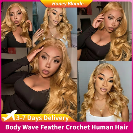 Body Wave Curly Feather Crochet Hair Bulk Human Hair With String Unprocessed #27 Honey Blonde Highlight Crochet Hair Extensions